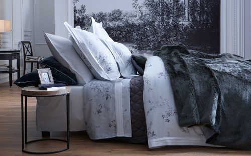 Alexandre Turpault Hellebore Bedding is 100% Egyptian Cotton Sateen and includes a duvet, flat sheet, shams.