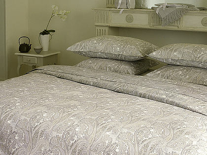 Alexandre Turpault Kashmir Percale Bedding is 100% Egyptian cotton and includes a duvet, flat sheet and shams.