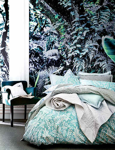 Alexandre Turpault Marquises Printed Percale Bedding with Painters Jungle pattern.