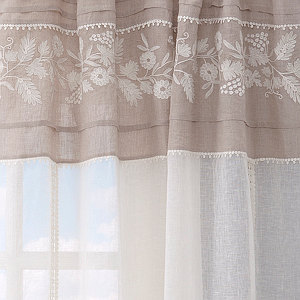 Emdee International Felicia Drape - This beautiful sheer drapery has a beautiful top with fabric overlay trim and a delicate plant & flower designed trim.