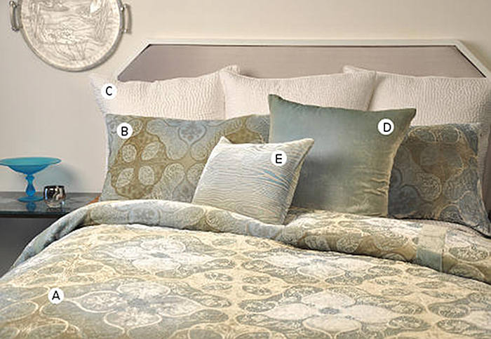 Kevin O'Brien Studio Persian velvet bedding collections includes a duvet, pillow shams, and decorative pillows