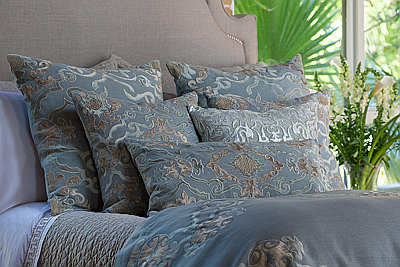 Lili Alessandra Valencia Slate Linen with Fawn Velvet Pillows & Bedding Collection