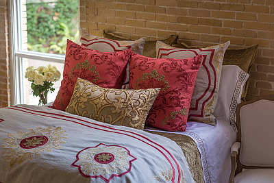 Lili Alessandra Barcelona Stone Linen/Cinnabar/Straw Pillows & Bedding Collection