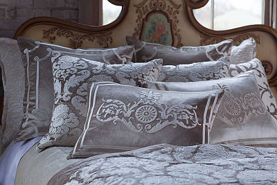 Lili Alessandra Angie Champagne Velvet with Ivory Applique Pillows - closeup.