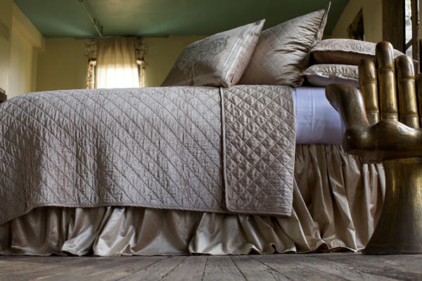 Lili Alessandra Chloe Diamond Quilted Champagne Velvet Coverlet Collection - Bedroom View.