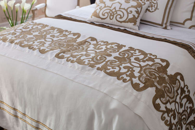 Lili Alessandra Mozart White Linen & Straw Velvet Bed Throw & Pillows