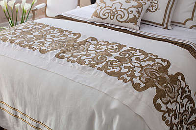 Lili Alessandra Soho White Linen with Straw Velvet Applique Bedding Collection.