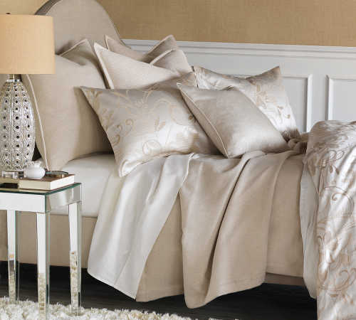 Nancy Koltes Brera Blanket & Shams is available in Bisque.