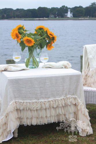 Couture Dreams Chichi Ivory Square Linen Tablecloth - Tablecloth on Square Table