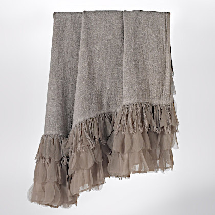 Couture Dreams Chichi Flax/Taupe Linen with Cascading Tulle Petal Throw - Image 1.