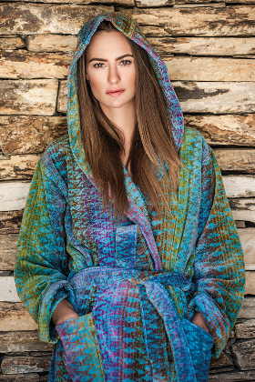 Model wearing Elaiva Allurements Ocean Magic hooded bath robe.
