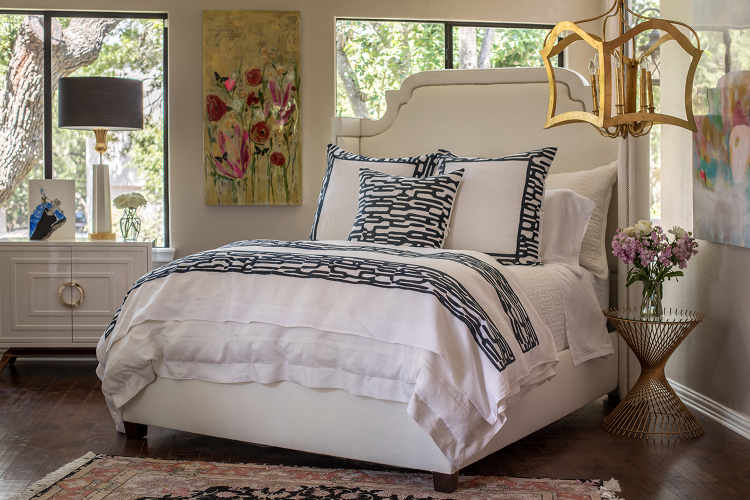 Lili Alessandra Christian White Linen with Midnight Velvet Applique Bedding Collection