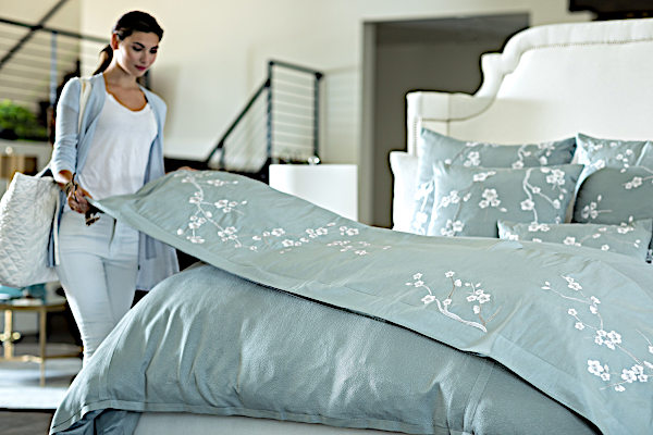 Lili Alessandra Blossom Blue Venetian Silk (poly) with Silver Embroidery - model making bed.