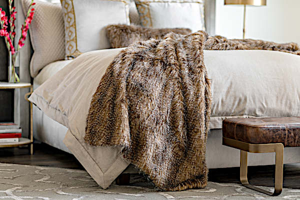 Lili Alessandra Chestnut Faux Throw and Decorative Pillows - Throw Laying on Bed.