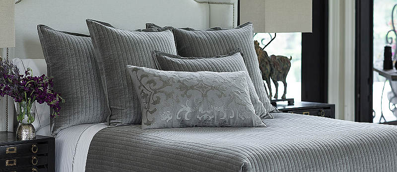 Lili Alessandra Aria Light Grey Matte Velvet Coverlets & Pillows - Bedroom View.