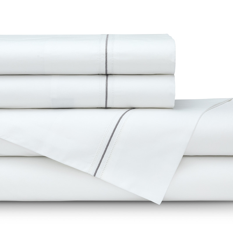 Lili Alessandra Bella White with Silver Double Hemstitch Bedsheets - Sheet Stack.