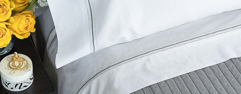 Lili Alessandra Bella White with Silver Double Hemstitch Bedsheets