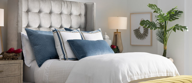 Lili Alessandra Oliver White Linen with Smokey Blue Bedding Collection