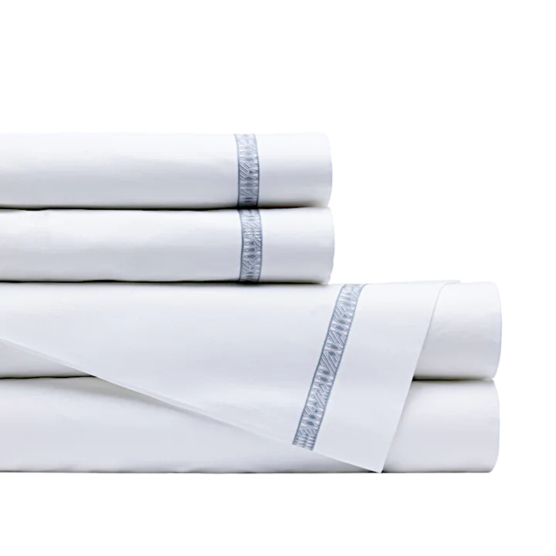 Lili Alessandra Fiji Bed Sheeting - White with Blue Textured Embroidery - Sheet Set.