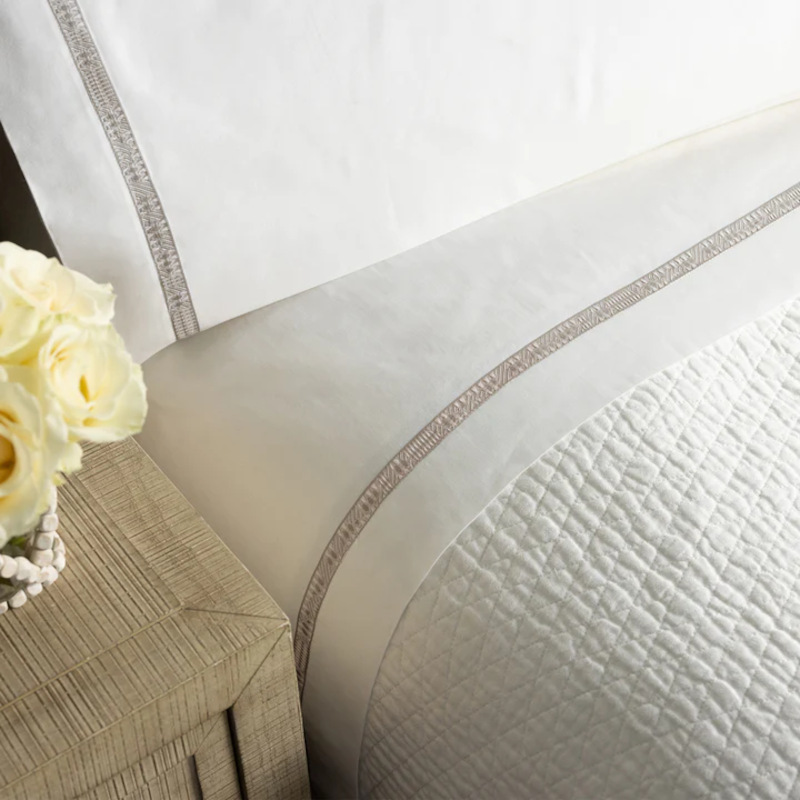 Lili Alessandra Fiji Bed Sheeting - White with Natural Textured Embroidery - Close-up.