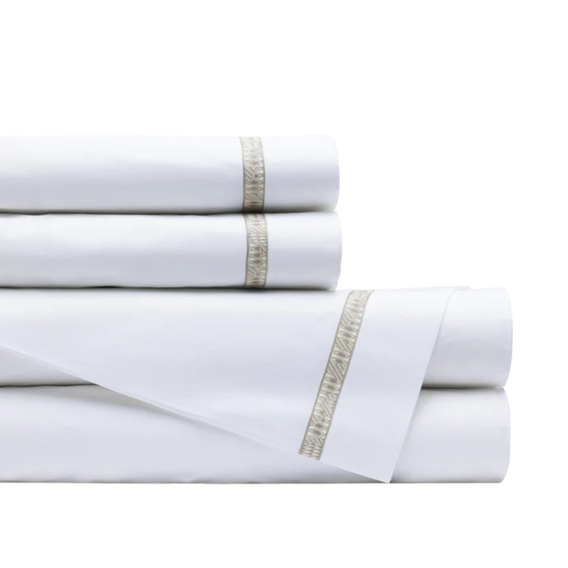 Lili Alessandra Fiji Bed Sheeting - White with Natural Textured Embroidery - Sheet Set.