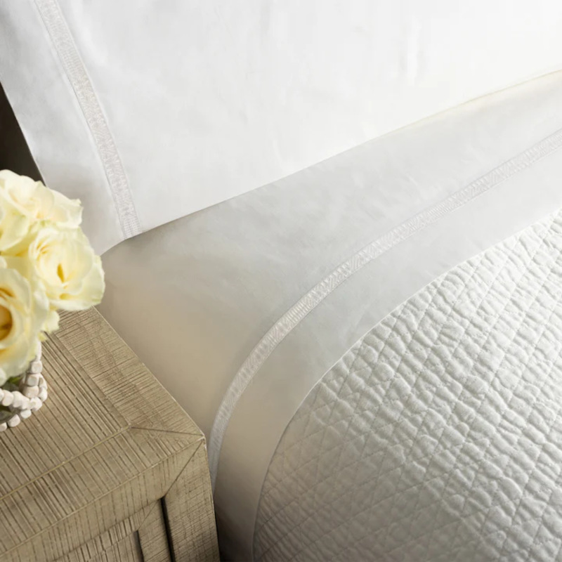 Lili Alessandra Fiji Bed Sheeting - White with White Textured Embroidery - Close-up.
