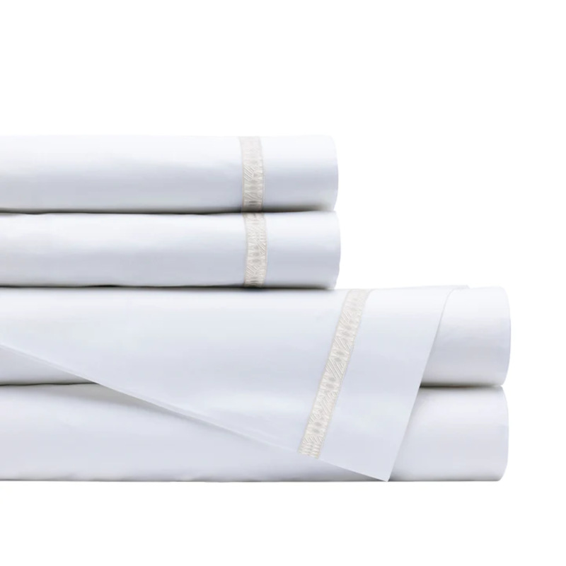 Lili Alessandra Fiji Bed Sheeting - White with White Textured Embroidery - Sheet Set.