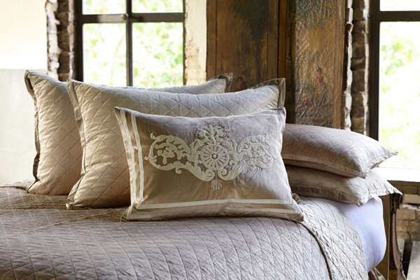 Lili Alessandra Chloe Diamond Quilted Champagne Velvet Coverlet Collection - Close-up.