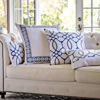 Lili Allesandra Magic White Linen with Slate Blue Embroidery Decorative Pillows