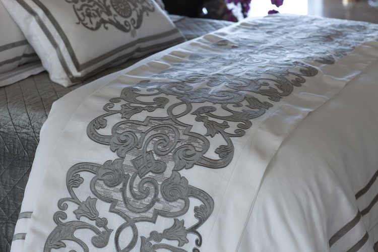 Lili Alessandra Mozart White Linen & Silver Velvet Bed Throw & Pillows.