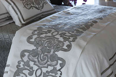 Lili Alessandra Mozart Throw with Soho White Linen with Silver Velvet Applique Bedding Collection.