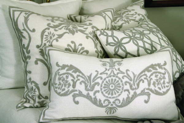 Lili Alessandra Appliqued Pillows in Ivory Basket Weave with Natural Linen Applique