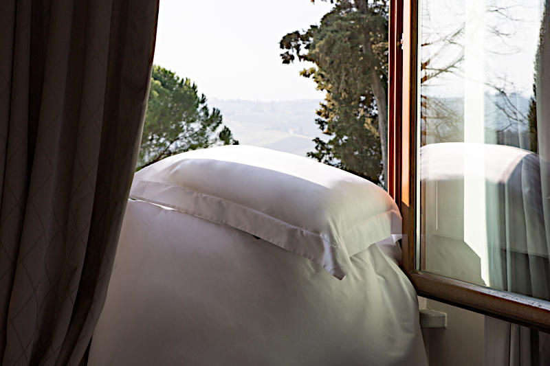 Signoria Nuvola Percale Bedding - sham displayed in front of window.