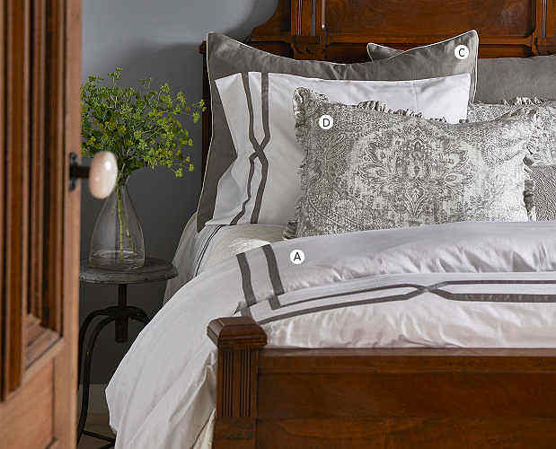 Every shade of ivory and gray and white is well represented in the Alicia Bedding Collection by Traditions Linens.